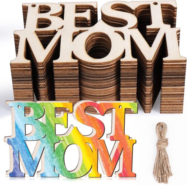 AIERSA 20Pcs Best MOM Unfinished Wood Crafts, Mothers Day Crafts for Kids Painting, Wood Cutouts to Paint