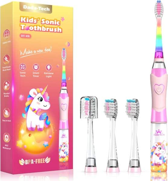 Kids Electric Toothbrush Toddler Toothbrush Age 2-4-8-12 Electric Toothbrush Kids with Timer Rainbow LED Light Up Vibrating Toothbrush Battery Operated