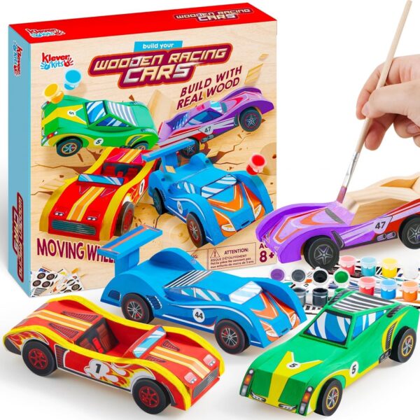Klever Kits 4 DIY Wooden Race Cars-Build & Paint Your Own Wood Craft Kit