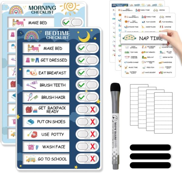 2 in 1 Bedtime Morning Routine Chart for Kids Toddlers 2 in 1 Bedtime/Morning Routine Chart for Kids Toddlers, Magnetic Chore Chart for Kids, Cute Visual Schedule for Kids Schedule Board for Home, Kids Checklist...